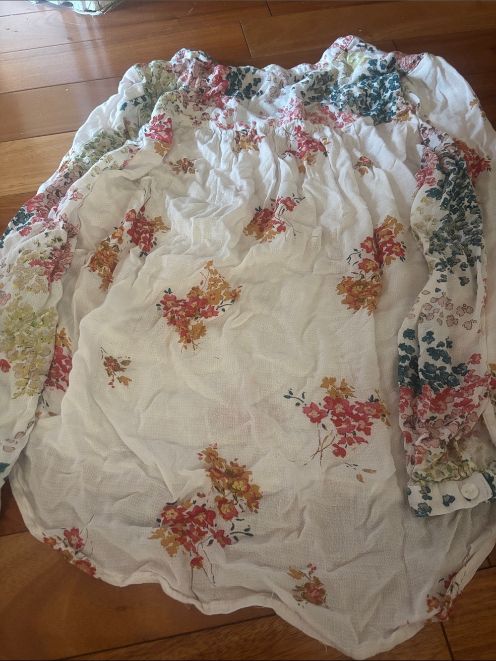 Lucky Brand White Floral Peasant Tunic with Pink & Blue Accents XS
